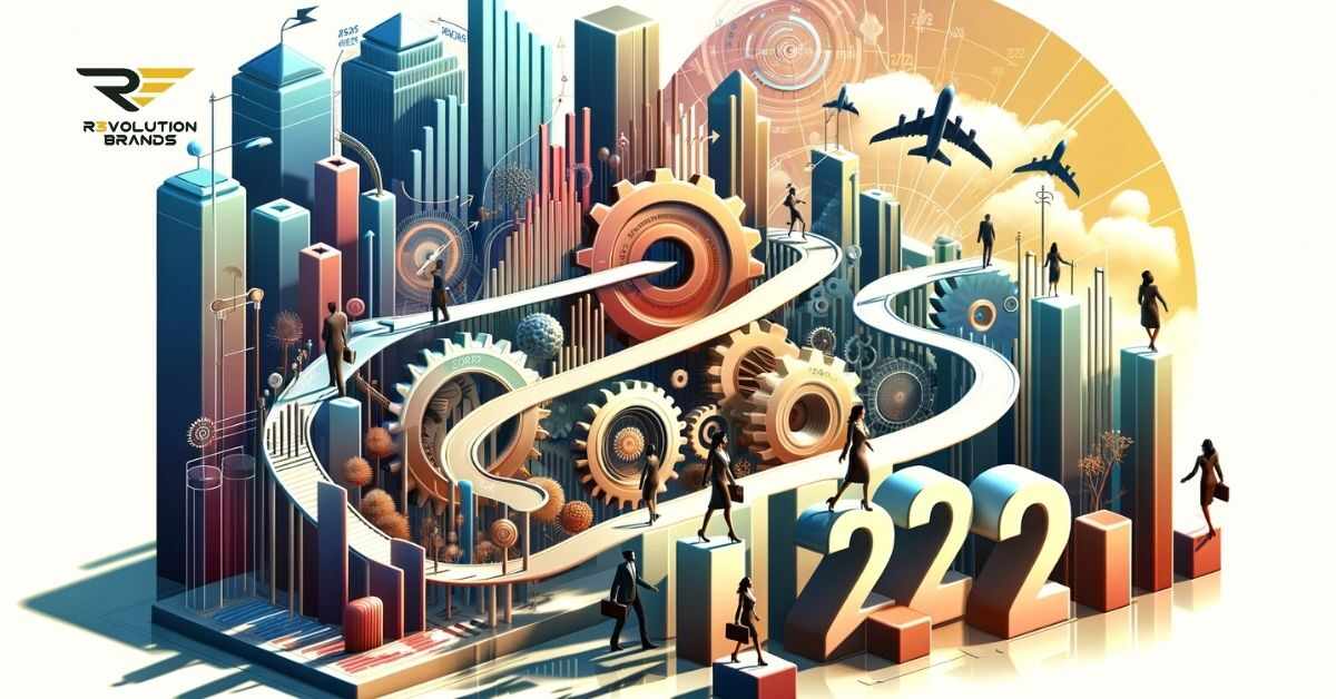 A 3D image illustrating the dynamic and evolving corporate world in 2024, with abstract structures and silhouettes of business professionals navigating changes, in bold colors #EBB61A and #222222