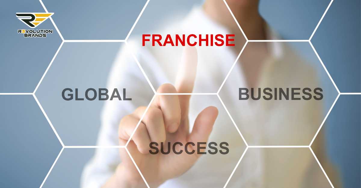 The image shows an individual in a business casual outfit interacting with a futuristic interface, where they are touching a panel labeled "FRANCHISE." Other terms such as "GLOBAL," "BUSINESS," and "SUCCESS" are displayed around the central word, segmented by hexagonal borders, which suggest connectivity and a structured approach to business. The R3volution Brands logo is prominently displayed, indicating a focus on franchise opportunities and their global impact. The overall theme of the image highlights strategic business growth and the expansive scope of franchising.