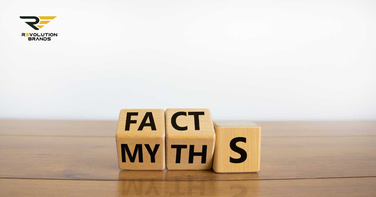 A minimalist image featuring wooden blocks on a tabletop, spelling out 'FACT MYTHS' with a rearranged layout to suggest 'FACTS' versus 'MYTHS'. The clean, simple background emphasizes the theme of debunking misconceptions. The R3volution Brands logo is prominently displayed in the upper left corner, indicating a focus on clarifying common franchise myths.