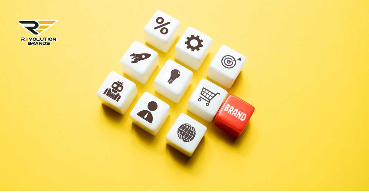 An array of white dice with various business icons, such as a rocket, gear, person, lightbulb, and shopping cart on a bright yellow background. One die stands out in red with the word 'BRAND' on it, highlighting its central role in business strategies. The placement of the dice suggests a strategic approach to various aspects of branding and marketing, with the R3volution Brands logo in the upper left corner signifying innovation in brand strategy.