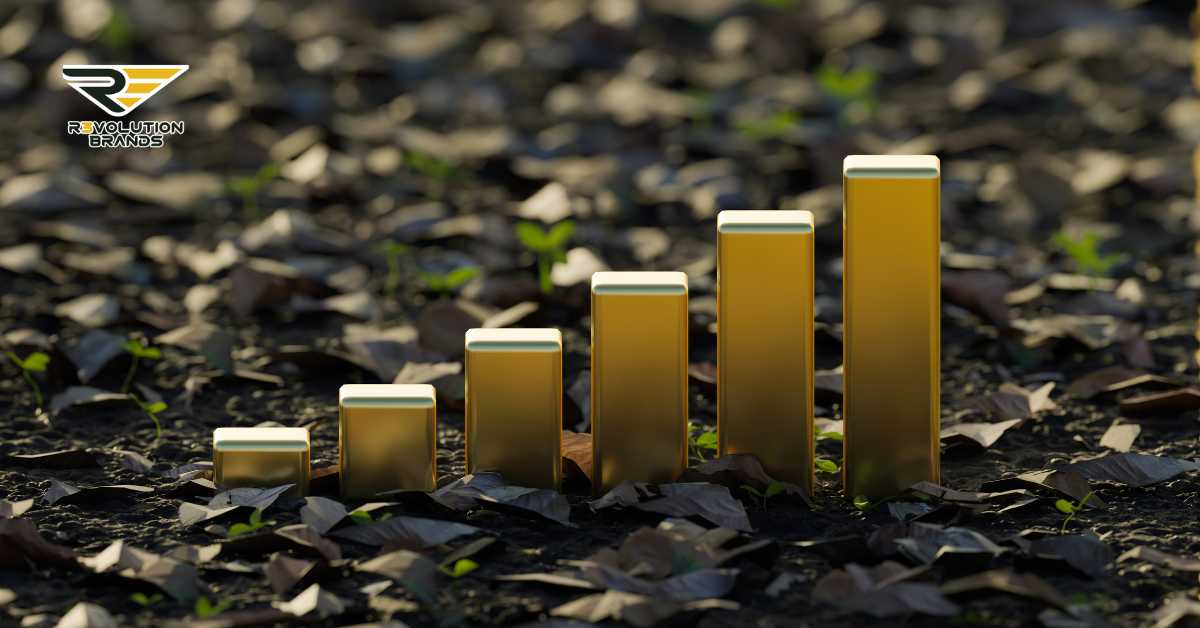 This image presents golden bars on a soil bed covered in dark leaves, growing in height from left to right, symbolizing rising success and growth. It cleverly visualizes growth in a natural, organic setting, suggesting that with the right conditions and care, substantial growth is achievable. The inclusion of the Revolution Brands logo emphasizes that this growth concept is tied to franchising strategies or marketing approaches aimed at cultivating successful franchises. This image might be used to represent the effectiveness of marketing techniques in the franchise sector, aligning with themes of nurturing and steady development in a competitive market.