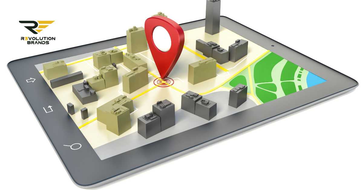 A digital tablet displays a 3D map with various buildings and streets, symbolizing a cityscape. A prominent red location pin centers on a specific building, indicating a significant spot, likely a business location. This image, branded with the R3volution Brands logo, effectively illustrates the concept of pinpointing strategic locations for franchise development or other business endeavors.