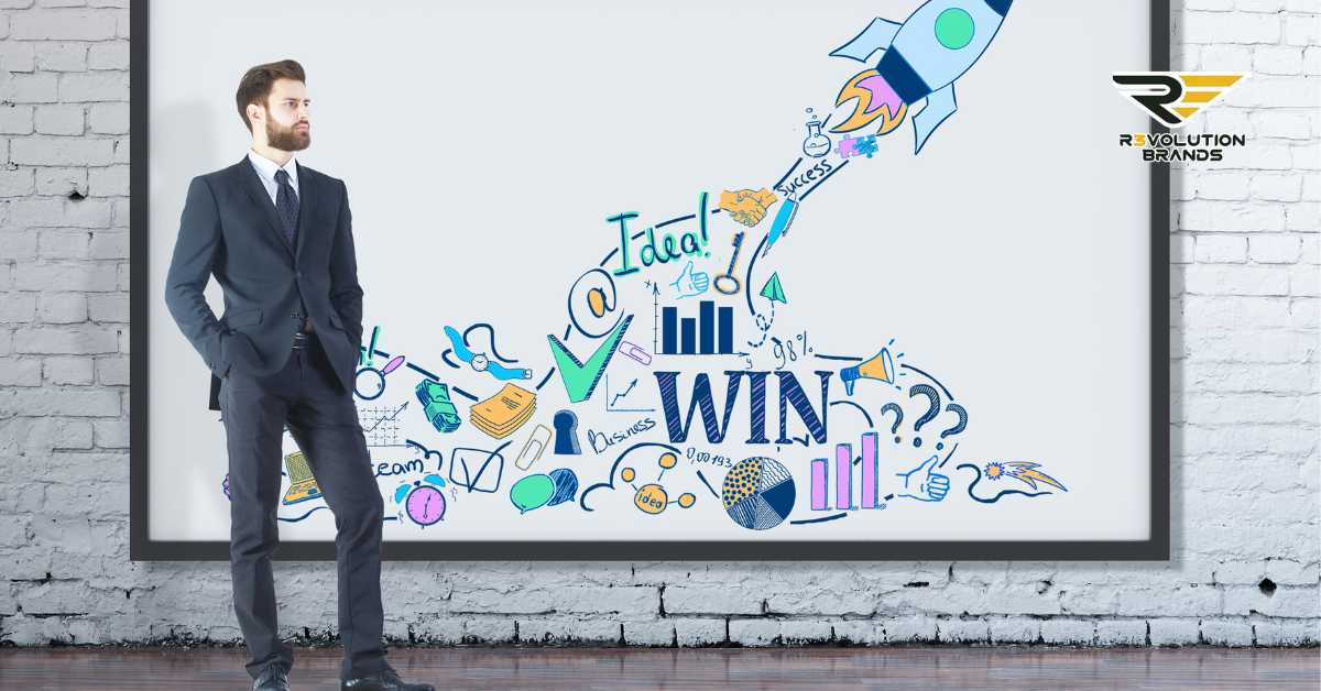 The image features a businessman standing beside a large whiteboard filled with vibrant, hand-drawn icons and text illustrating various business concepts and strategies. The central theme "WIN?" suggests a focus on success in a competitive business environment. Elements such as a rocket, charts, and light bulbs symbolize innovation, analysis, and ideas, indicating a dynamic approach to achieving business goals, particularly in entrepreneurship or franchising. This graphic is designed to evoke a sense of creativity and strategic planning in business.