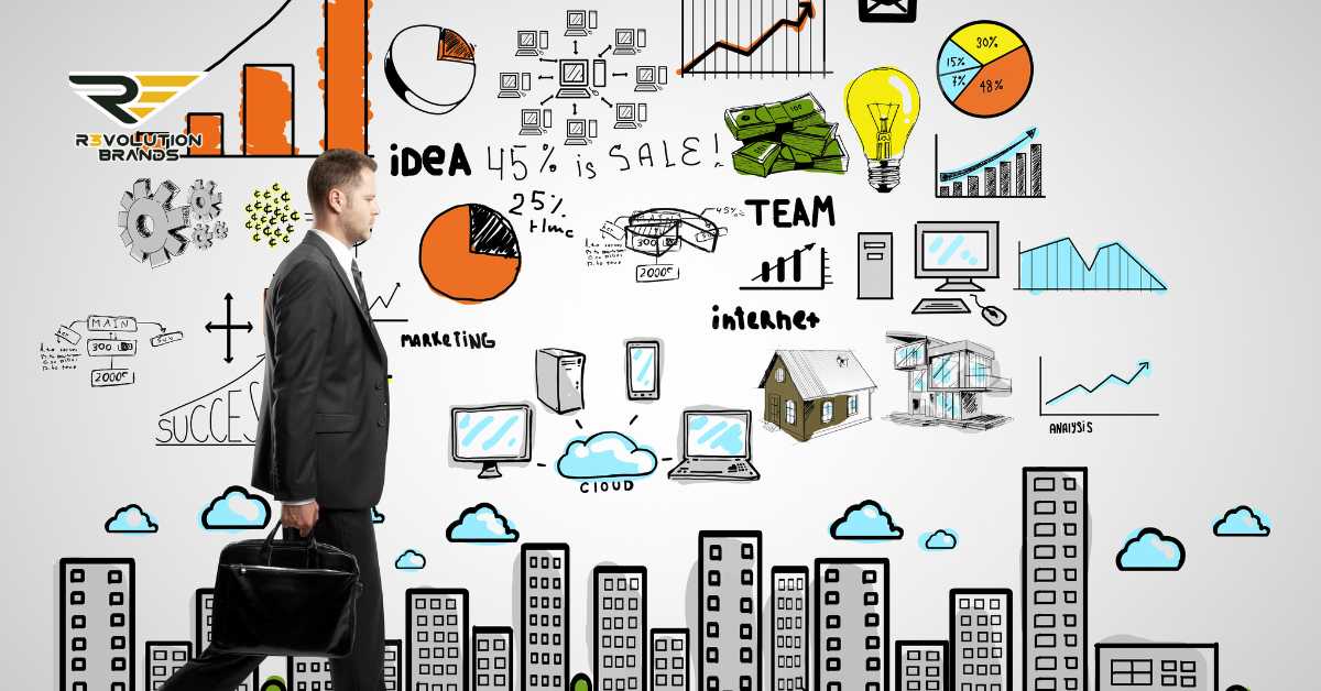 This vibrant image portrays a man walking past a wall filled with various business and marketing sketches, emphasizing themes like idea development, teamwork, sales, and internet technology. Each sketch highlights different aspects of a dynamic business strategy, with pie charts, graphs, and symbols representing growth, financial success, and the digital aspects of marketing. The man, dressed in business attire, carrying a briefcase, symbolizes a professional navigating through the complexities of business strategies, underscored by the prominent Revolution Brands logo which ties these concepts specifically to franchising success. This creative presentation can be used to illustrate comprehensive marketing strategies within the franchise sector.