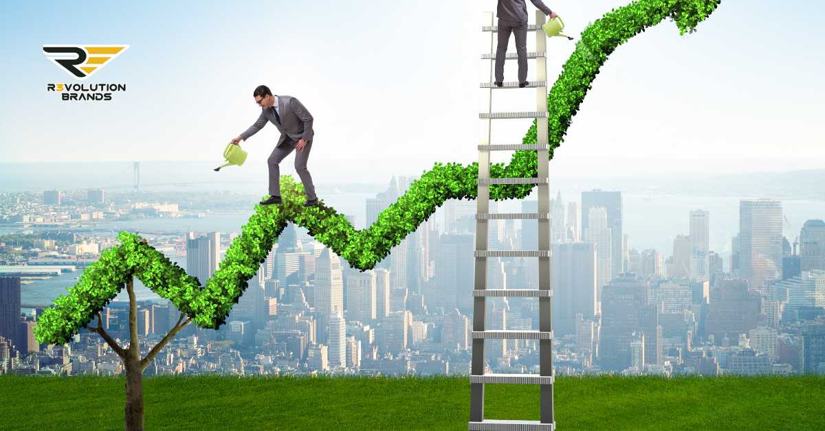 A conceptual image showing two men in business attire, each watering a vibrant green vine shaped like a rising graph, symbolizing growth and sustainability in business. One man stands on the ground while the other is on a ladder, reflecting teamwork and the continuous effort required to nurture and expand business ventures. The backdrop features a city skyline, blending the themes of urban development and environmental sustainability.