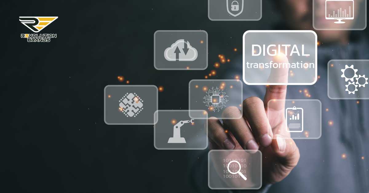 Professional hand interacting with digital icons on a futuristic interface, emphasizing 'Digital Transformation' for R3volution Brands' strategic approach to franchise digital marketing.